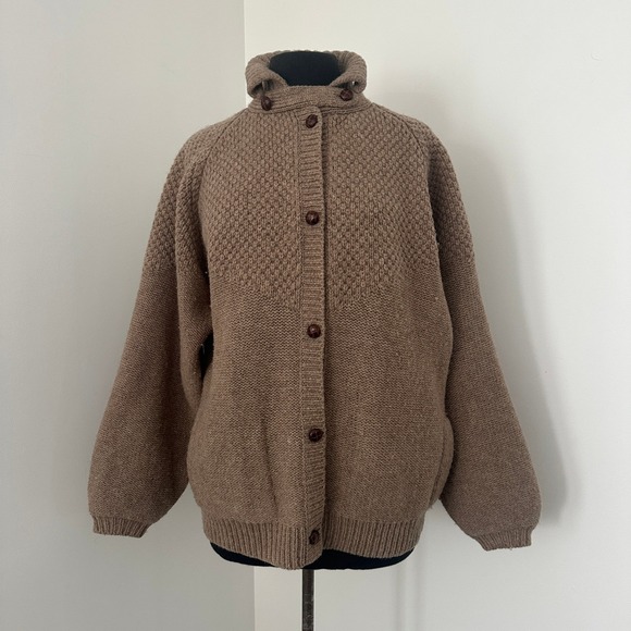 Orvis Sweaters - Orvis Cardigan Sweater Women XL Brown Wool Chunky Knit‎ Mock Neck Grandpa Cabin